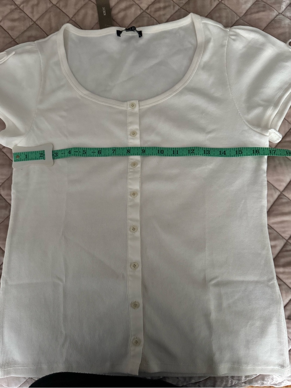 J. Crew Perfect Ribbed Button-Front Scoop Neck Top with Satin Trim, Ivory - Picture 3 of 11